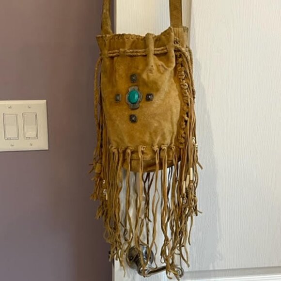 Free People Suede Leather Beaded Fringe Crossbody with Faux Turquoise - Picture 14 of 15